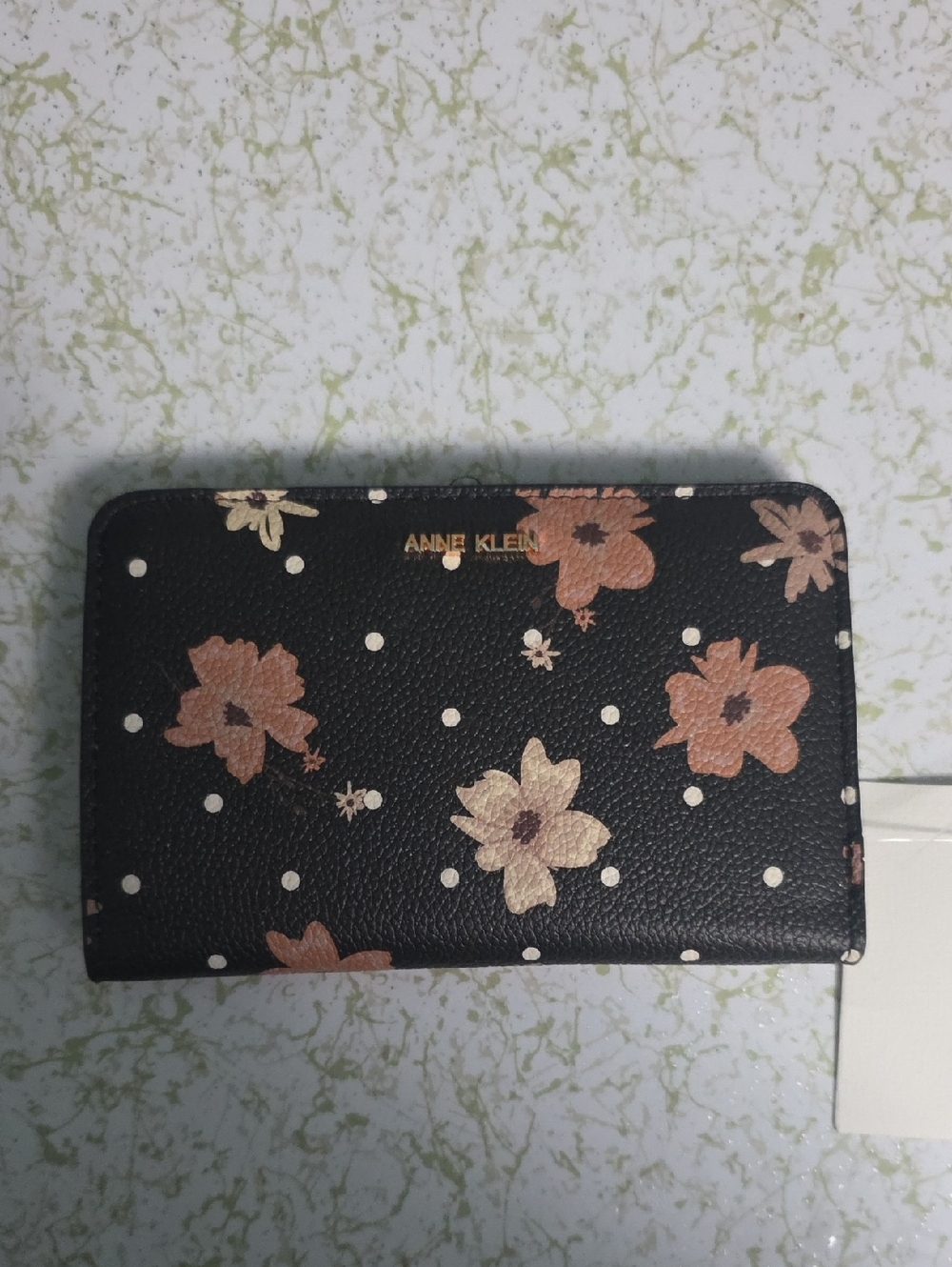 Anne Klein Black Floral Zip Around Wallet with Pink & Cream Blooms
